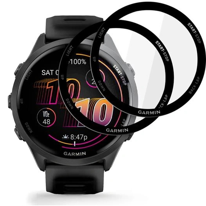 Szkło hybrydowe Tech-Protect Glass Flex+ do Garmin Forerunner 970 / 570 47mm, 2 sztuki, przezroczyste z czarną ramką.